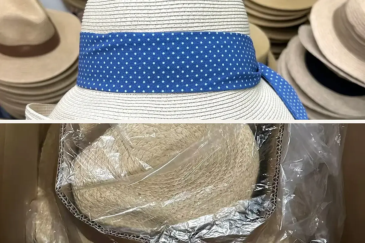 Finished beach hat band detail and protective packing for shipment