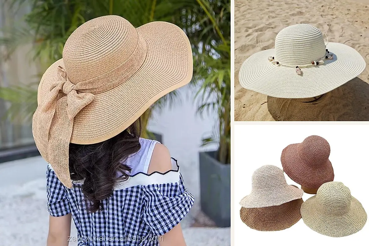 Beach straw hat collage with an outdoor wearer, a white beach hat, and three natural color options