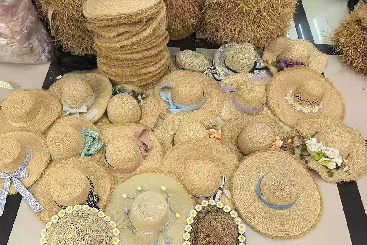 Colorful straw hat assortment for a summer retail collection