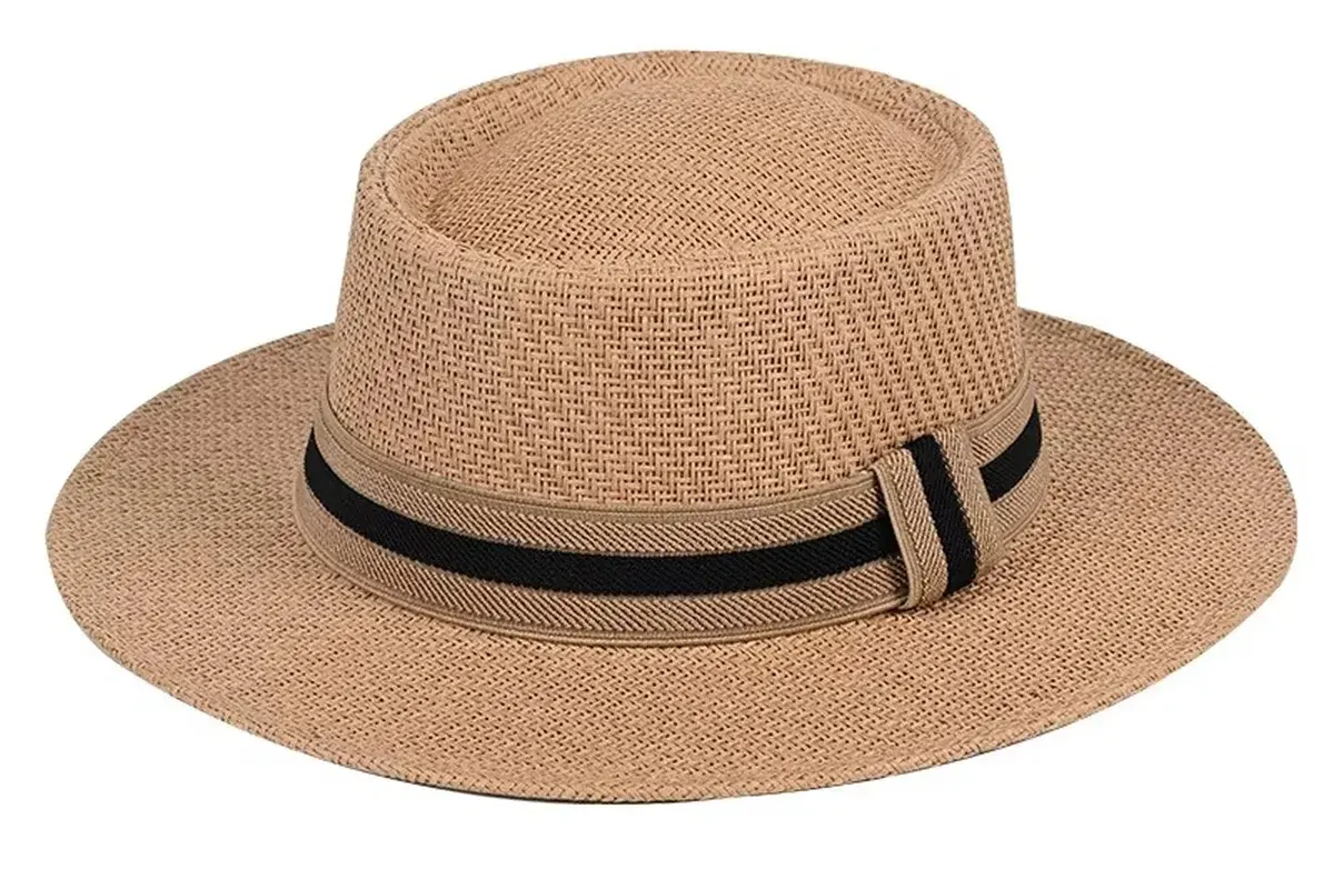 Tan straw boater hat showing a flat crown top and straight side walls