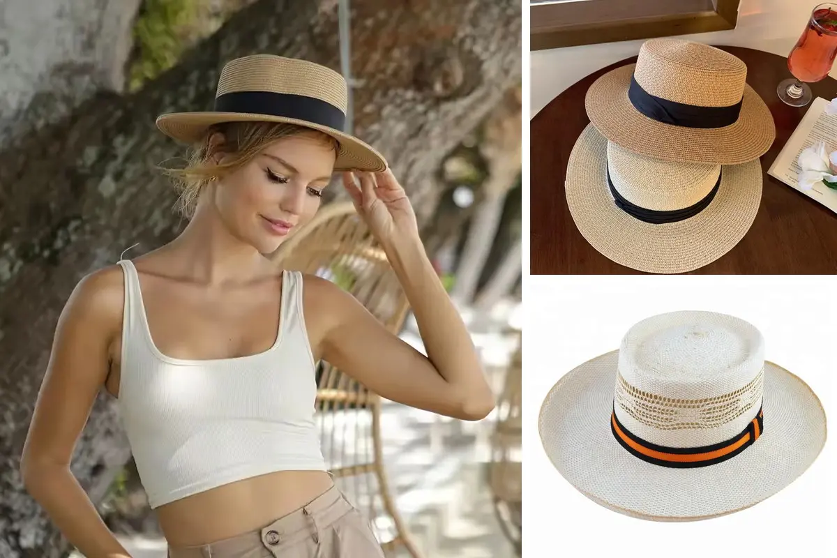 Straw boater hat collage with a real wearer, coordinated natural styles, and a white striped-ribbon design