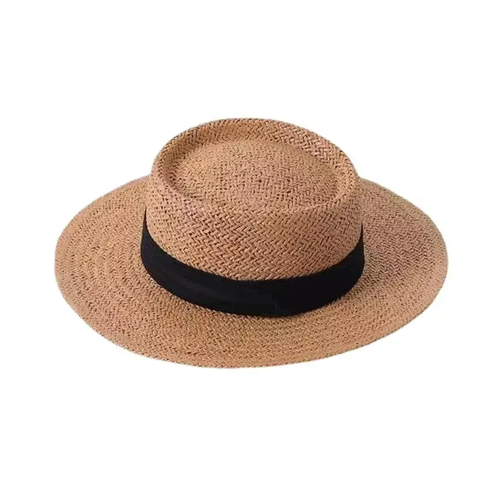 Classic structured brown straw boater hat with a black ribbon