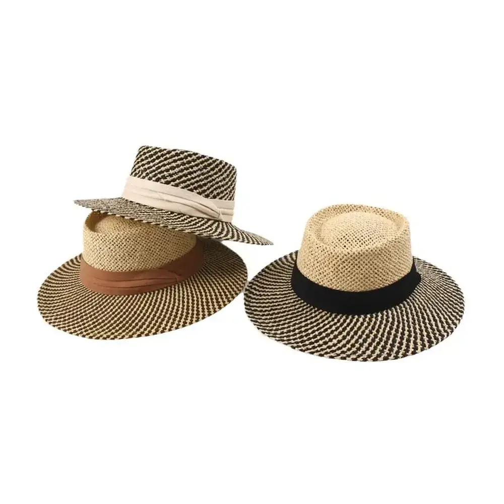Three flat boater hats with coordinated event ribbon colors