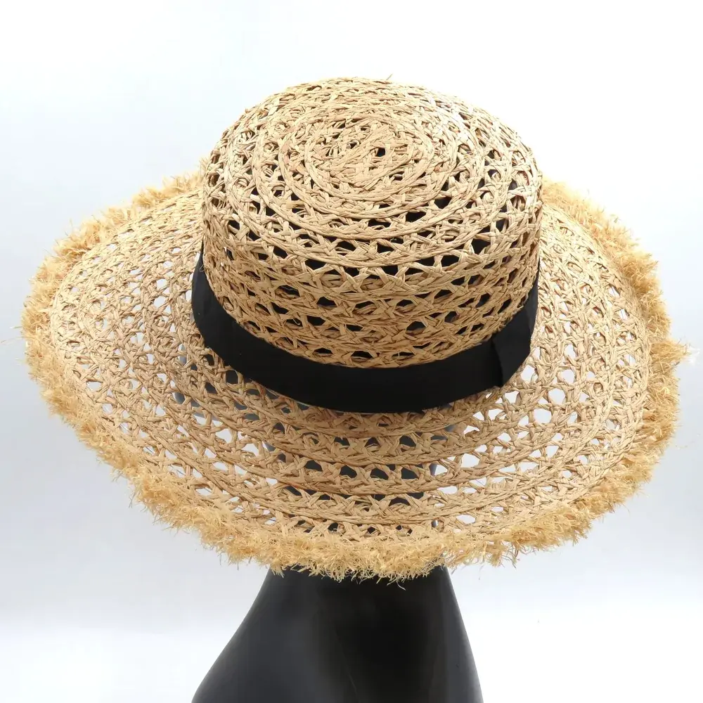 Open-weave natural fashion boater hat with a soft fringed brim