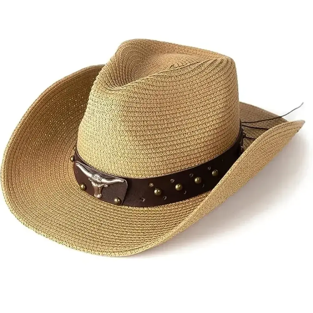 Natural cowboy straw hat with a studded leather buckle band