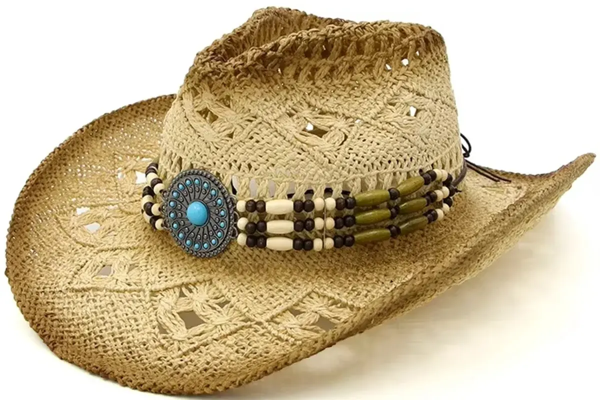 Open-weave cowboy straw hat with a turquoise medallion detail