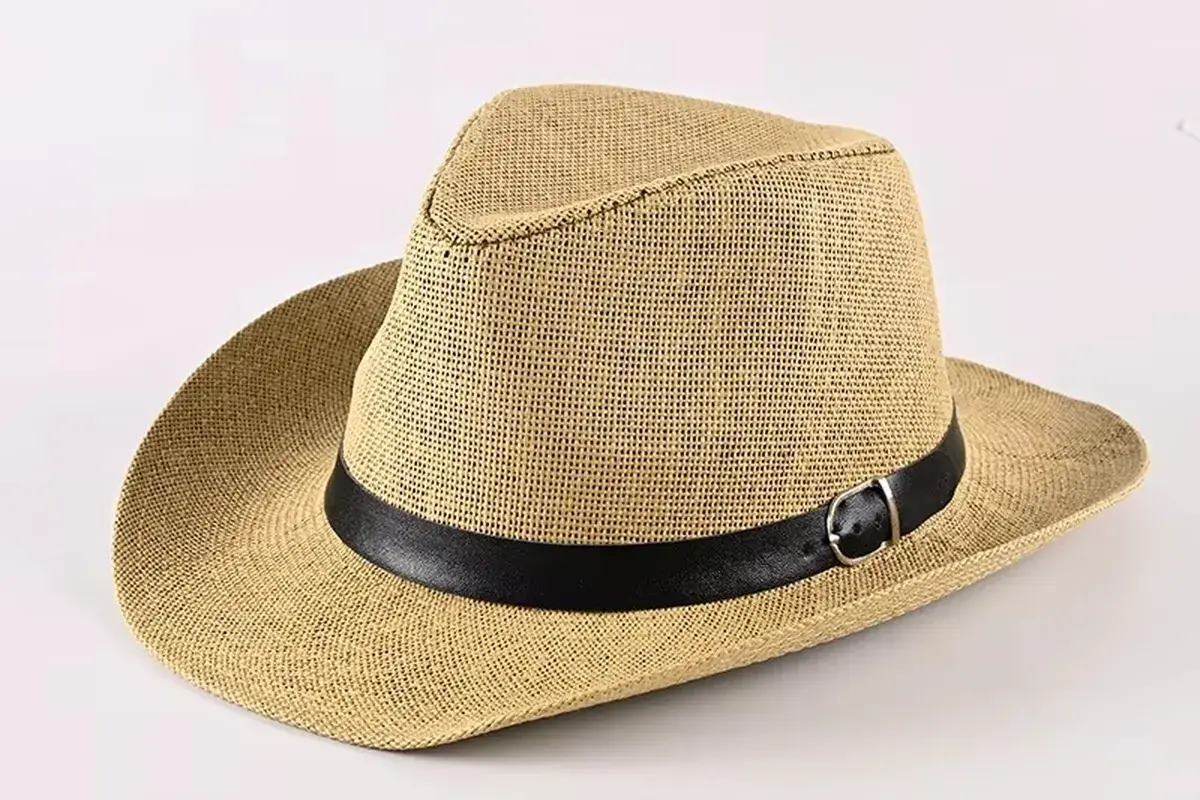 Natural straw cowboy hat with a clean black leather band