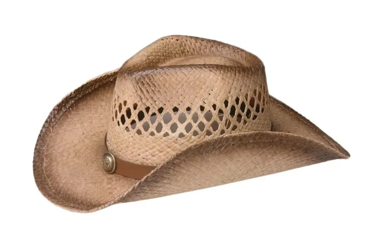 Brown straw cowboy hat showing the front dip and rolled side brim