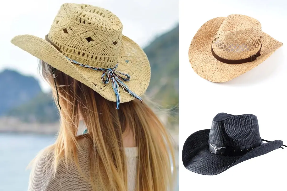 Cowboy straw hat collage with an outdoor wearer, a natural raffia style, and a black Western design