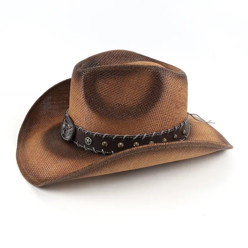 Painted brown Western cowboy hat with decorative trim