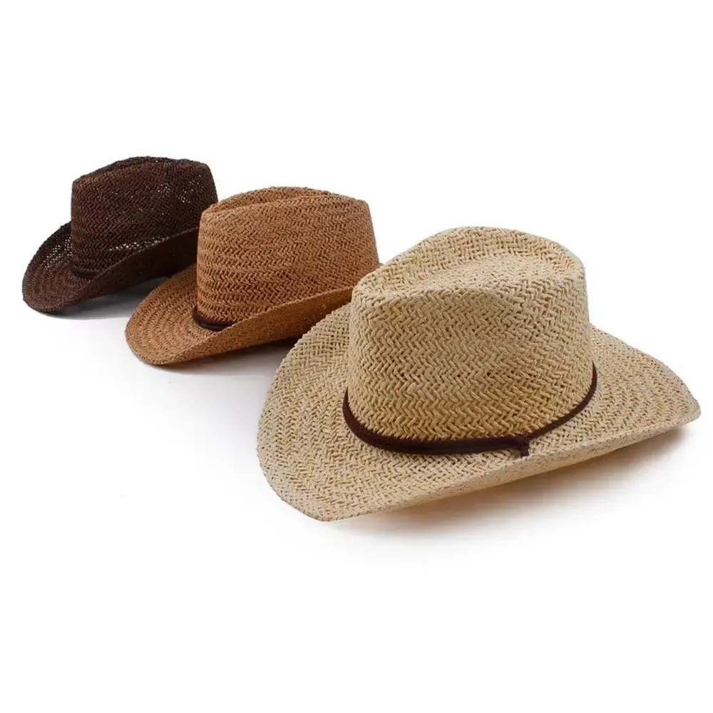 Three straw cowboy hats in coordinated promotional color options