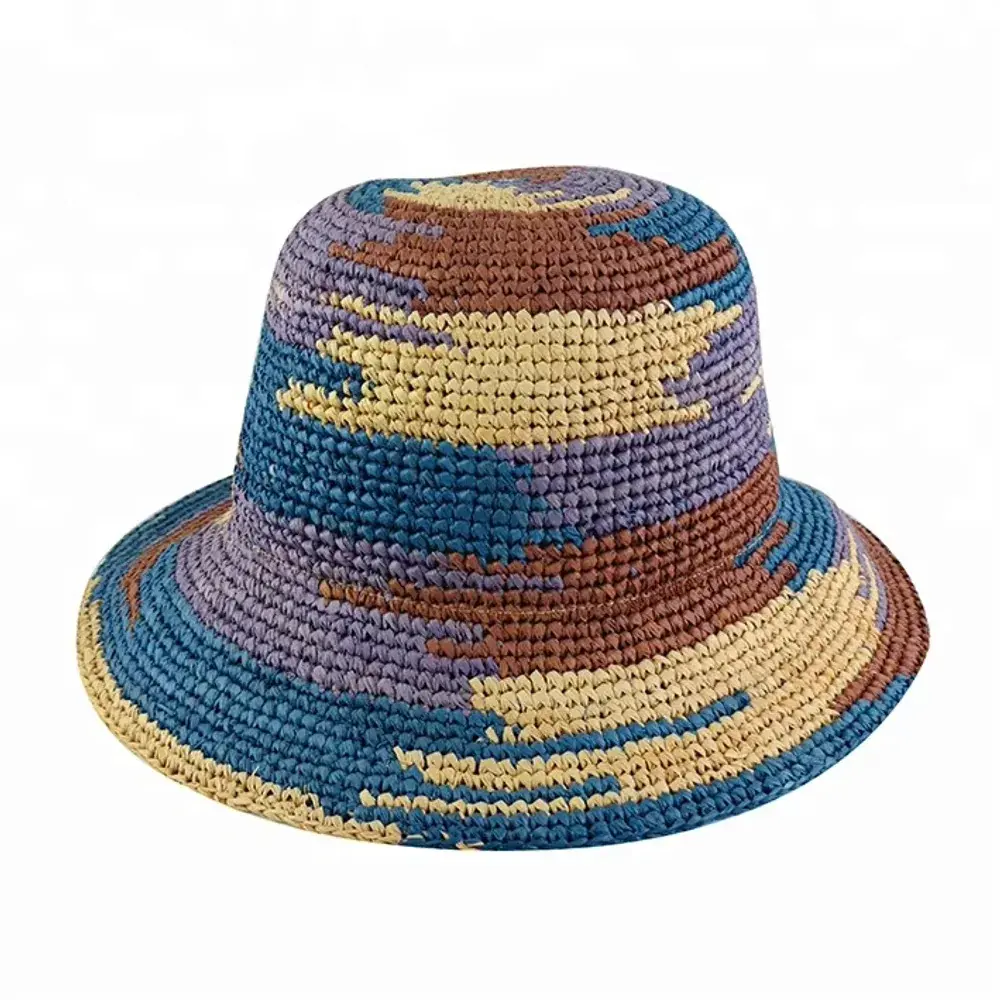 Color-striped crochet kids bucket straw hat