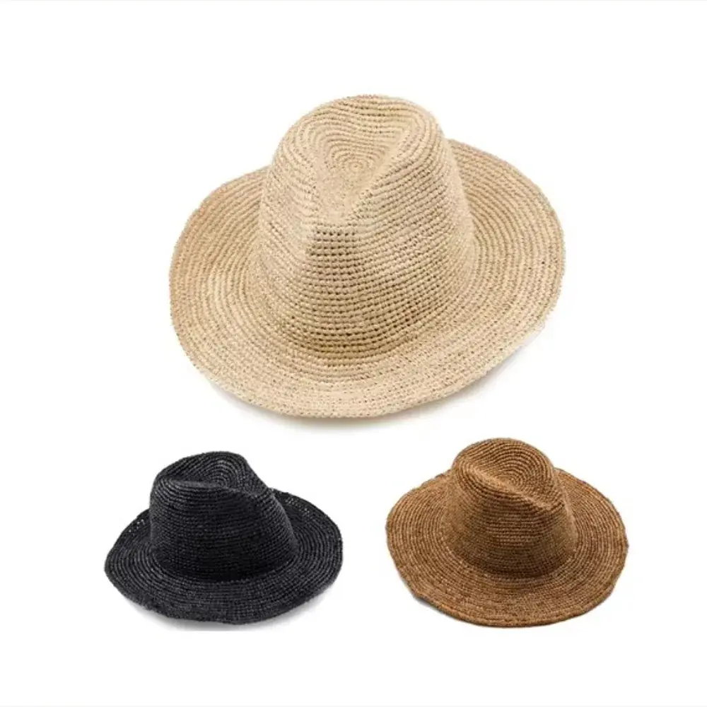 Three kids Fedora straw hats in natural, black, and brown colors