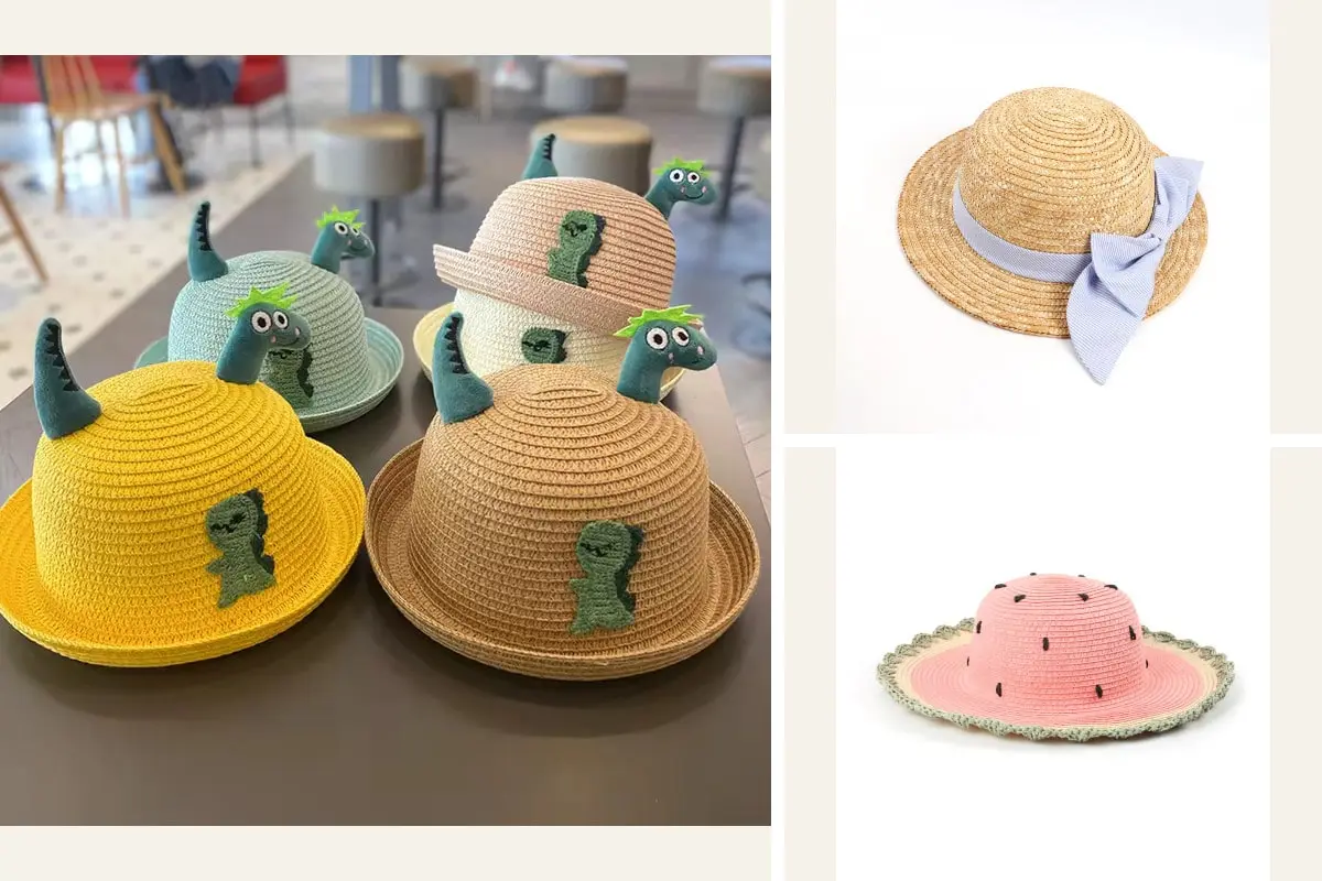 Kids straw hat collage with colorful dinosaur hats, a bow-trim boater, and a watermelon design