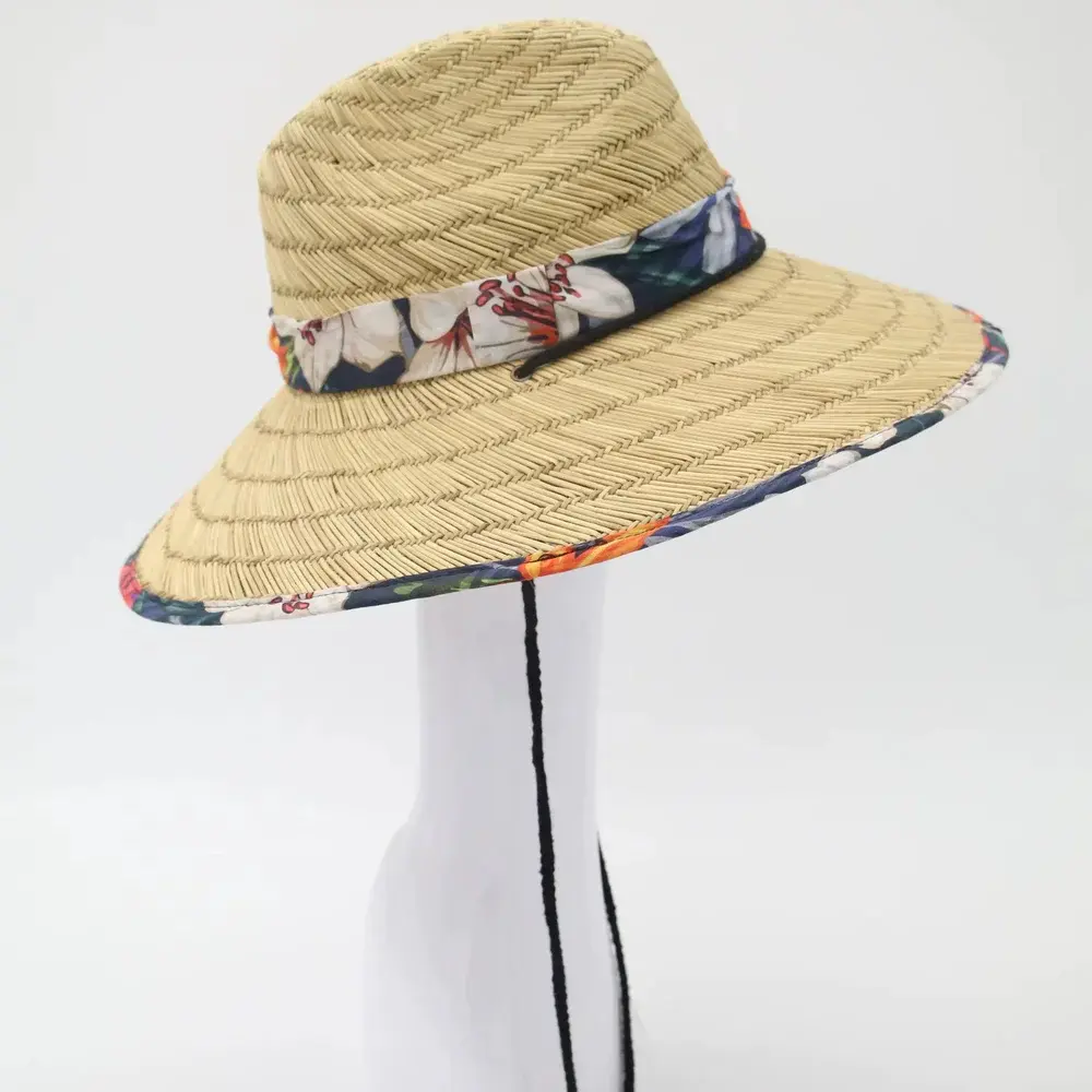 Natural lifeguard straw hat with a floral band and chin cord