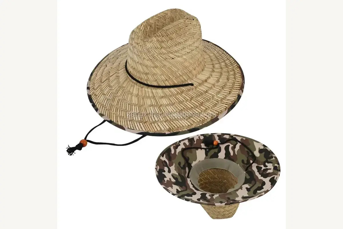 Natural lifeguard straw hat with a camouflage printed under-brim