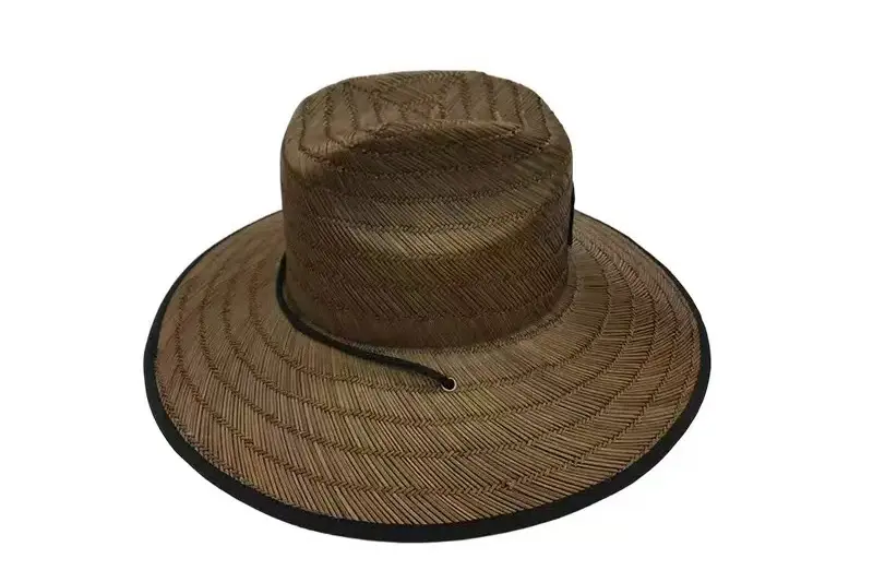 Brown woven lifeguard straw hat with an adjustable chin cord