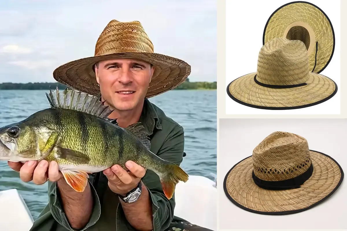 Lifeguard straw hat collage with an outdoor wearer and two natural broad-brim styles
