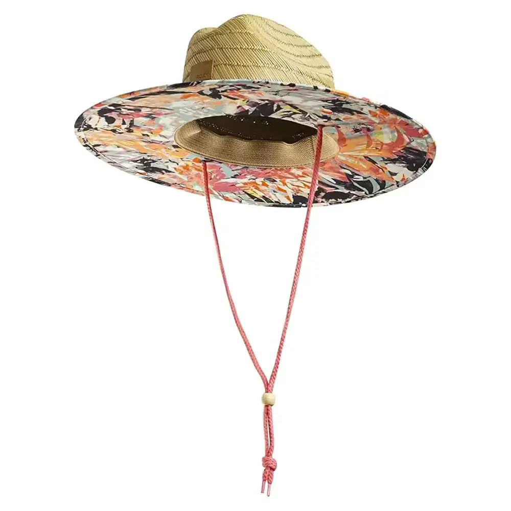 Natural surf straw hat with a colorful printed under-brim and red cord