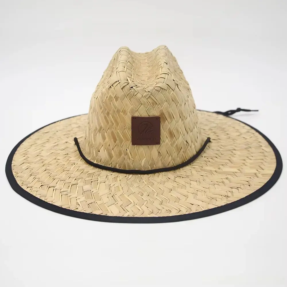 Natural lifeguard straw hat with a blank leather patch