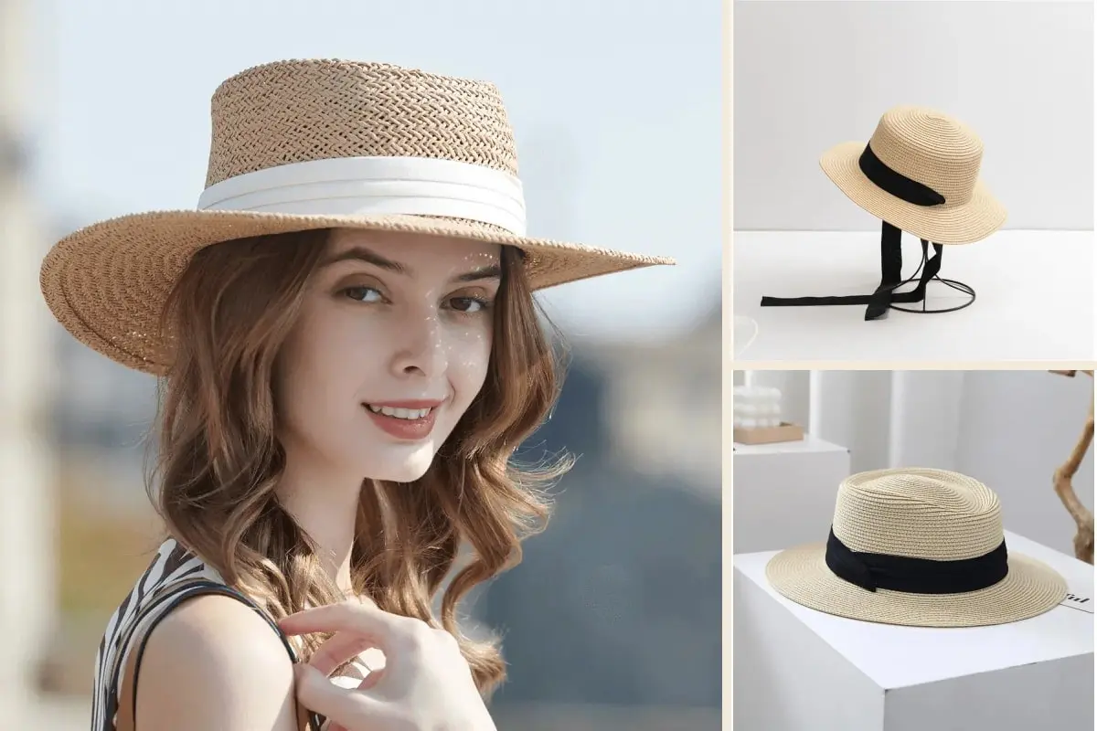 Panama-style straw hat collage with a model and two natural hat profiles
