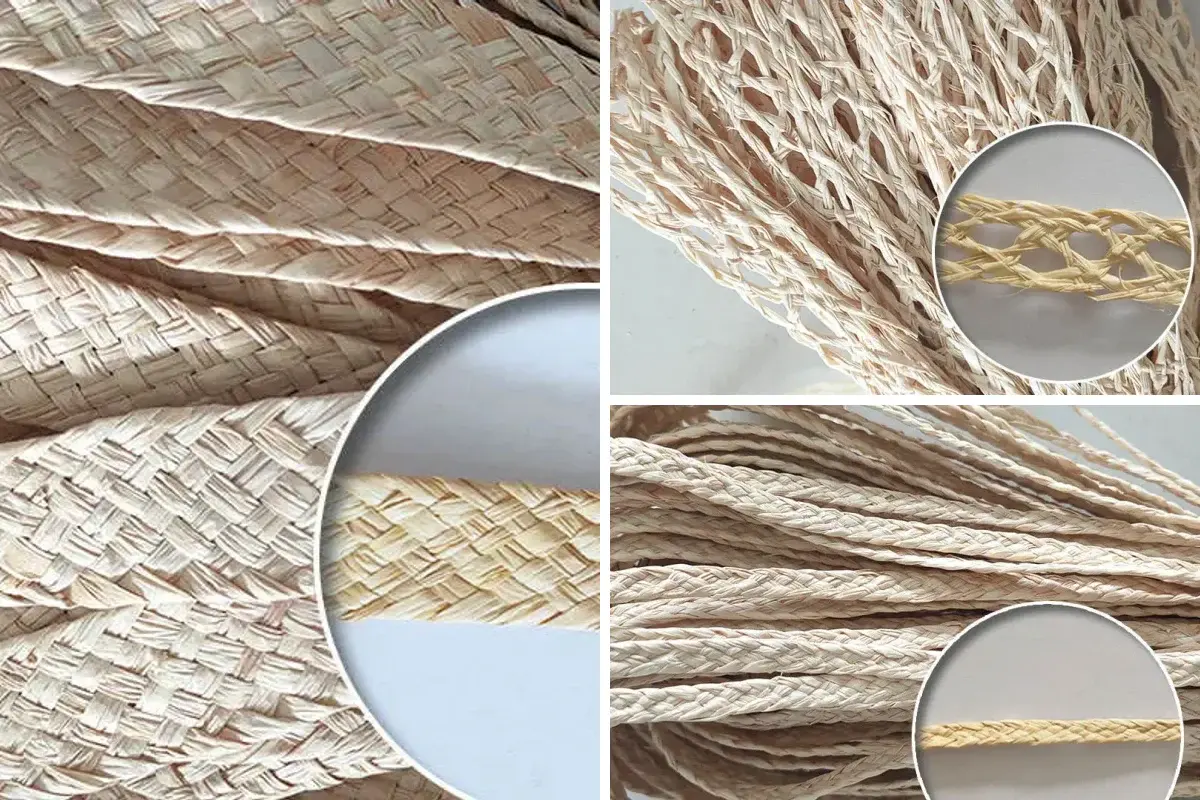 Close-up comparison of three natural straw braid structures