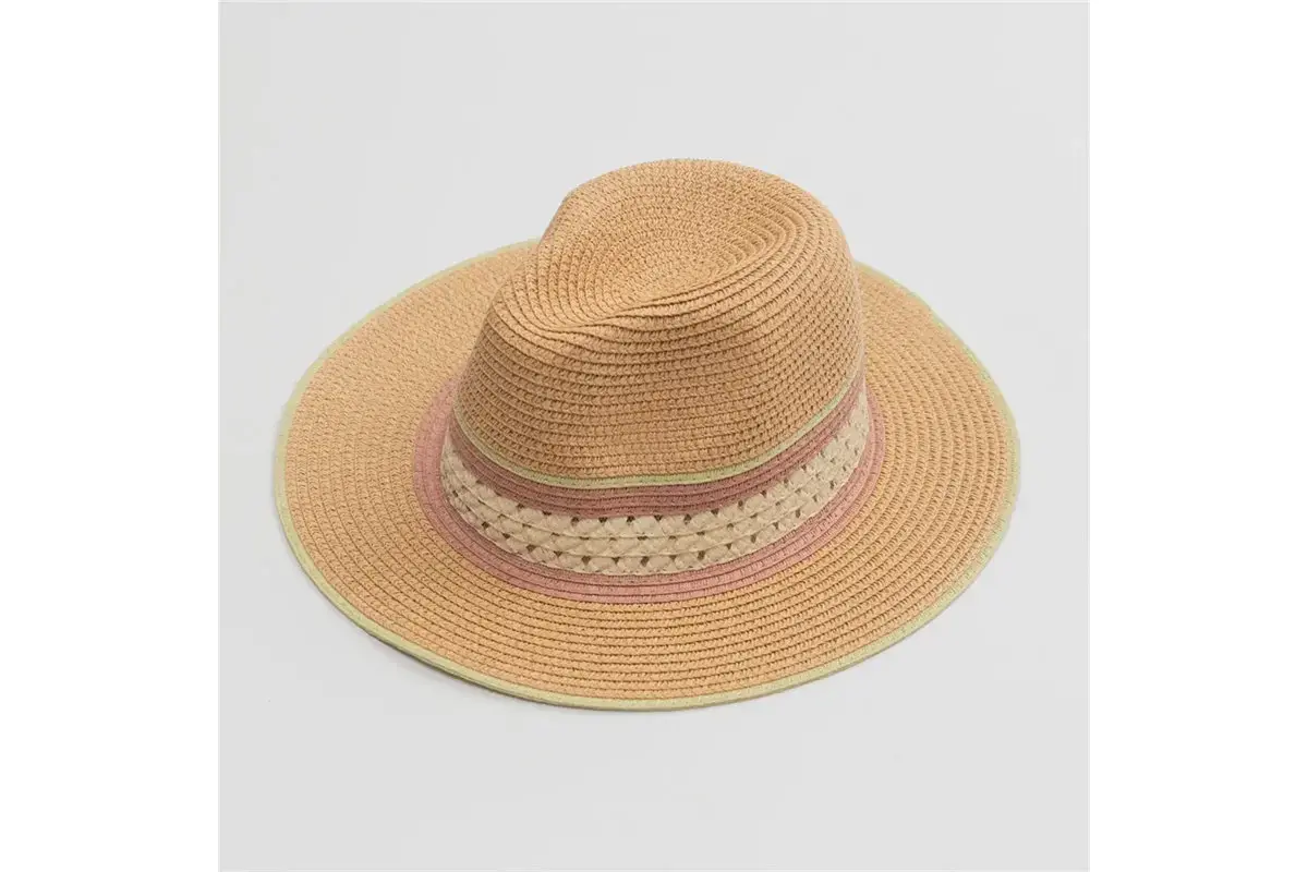 Peach Panama-style hat with a patterned pink band