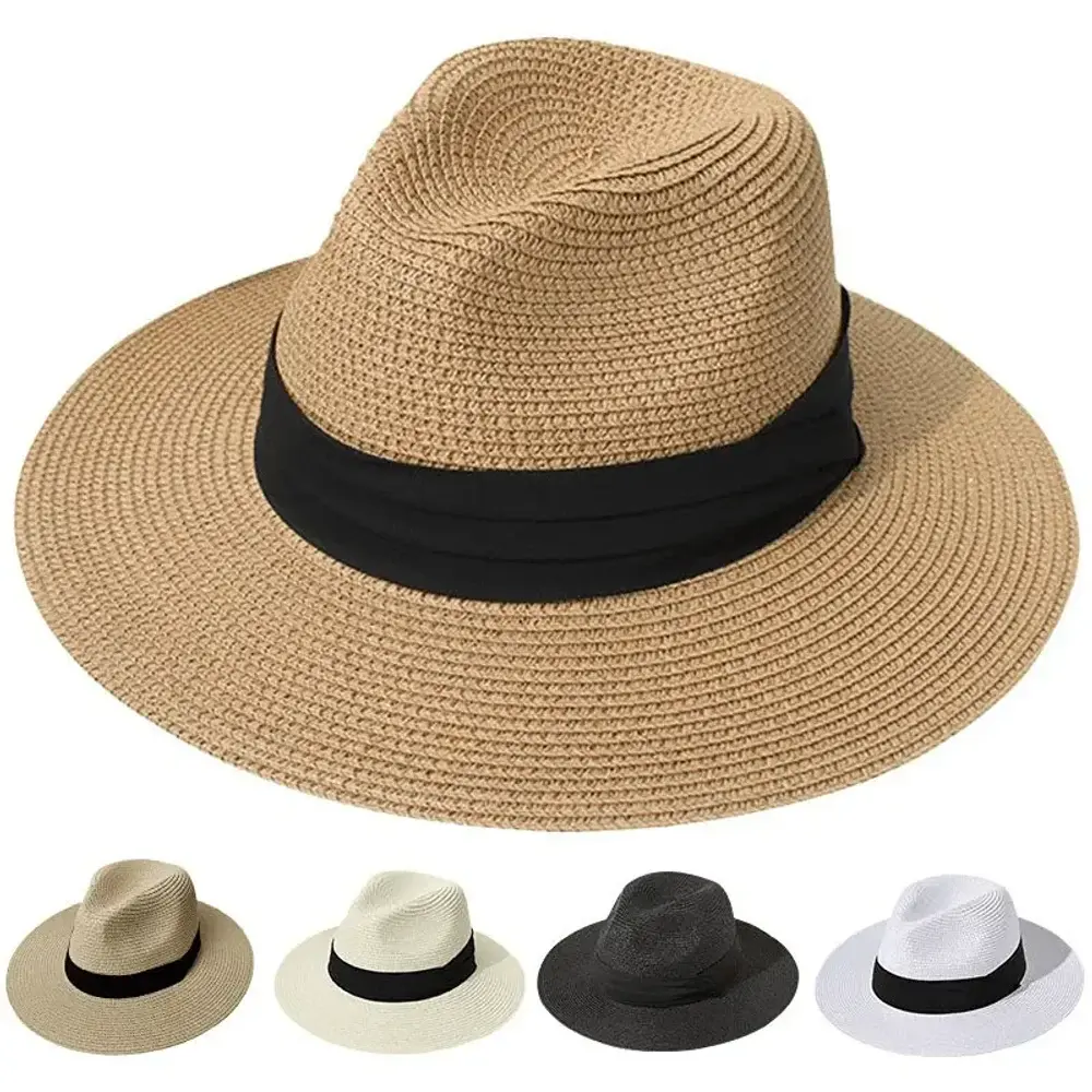 Wide-brim Panama-style hat with a black band and color options