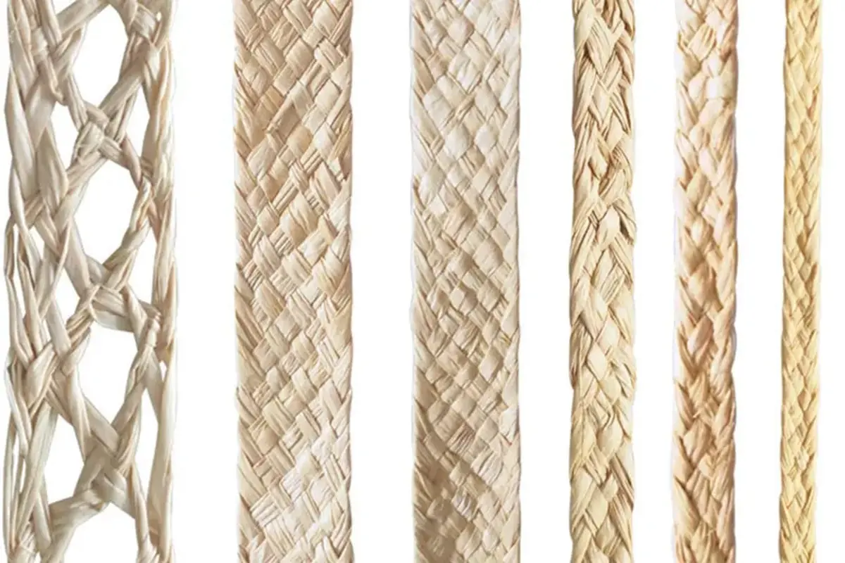 Natural raffia braid samples showing different weave structures