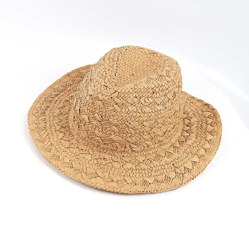 Natural raffia bucket hat with an open woven texture