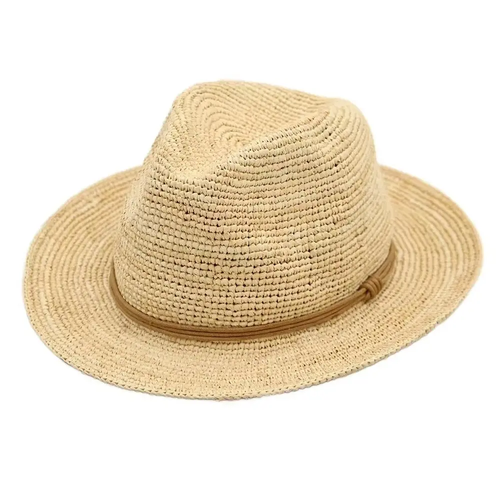 Natural hand-crocheted raffia fedora with a narrow band