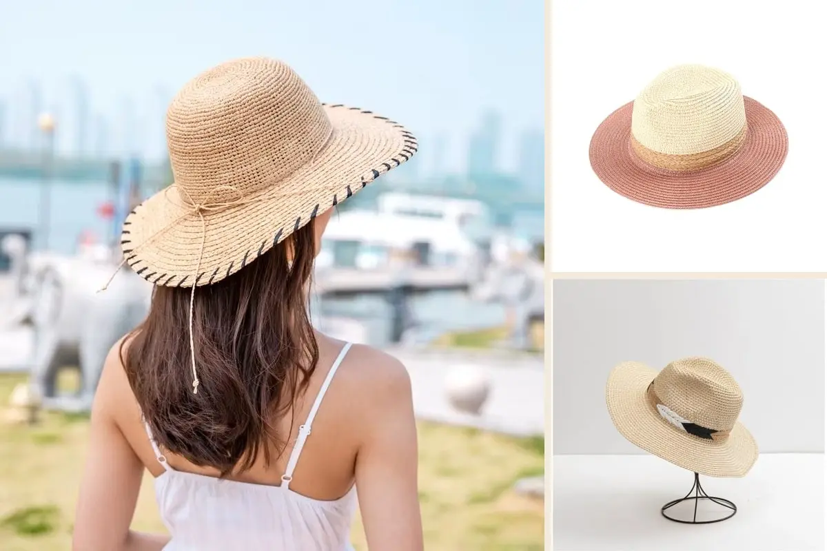Custom raffia hat collage with a lifestyle wide-brim hat and two fedora styles
