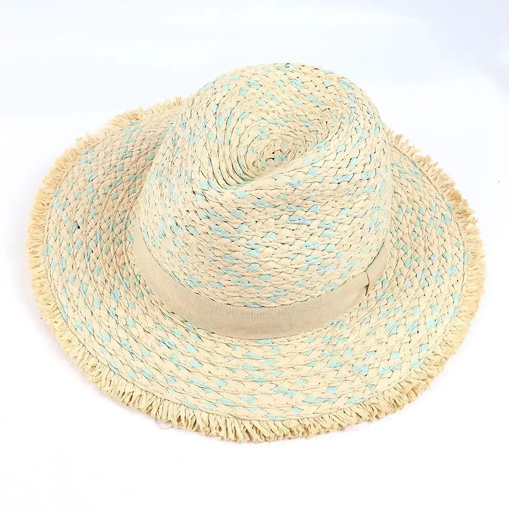 Natural raffia wide-brim hat with blue accent weave