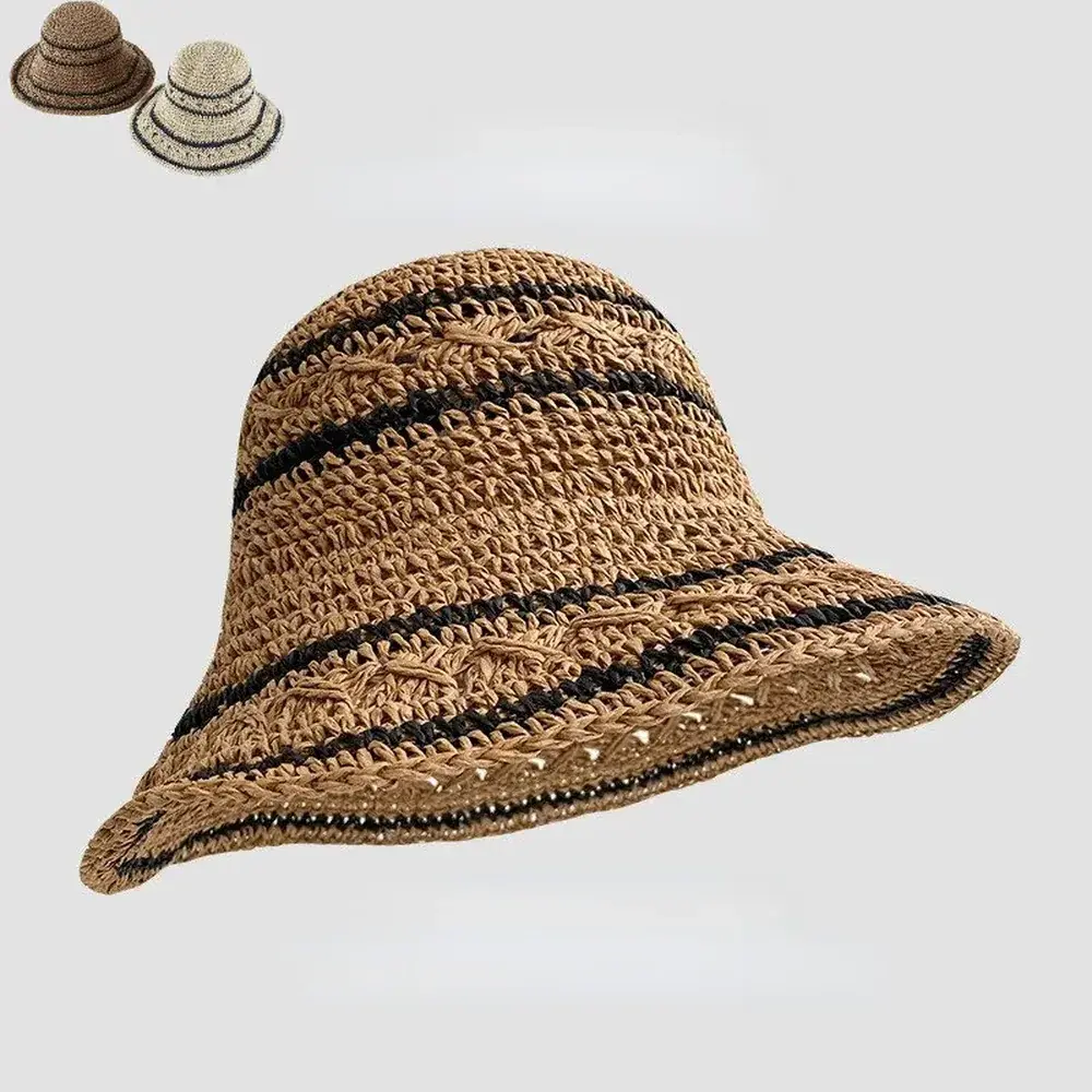 Crochet straw bucket hat with dark contrast stripes