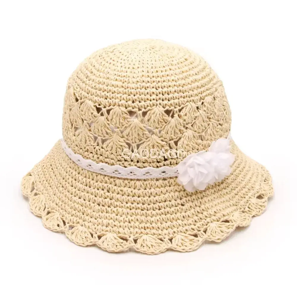 Cream crochet straw bucket hat with a finished decorative band
