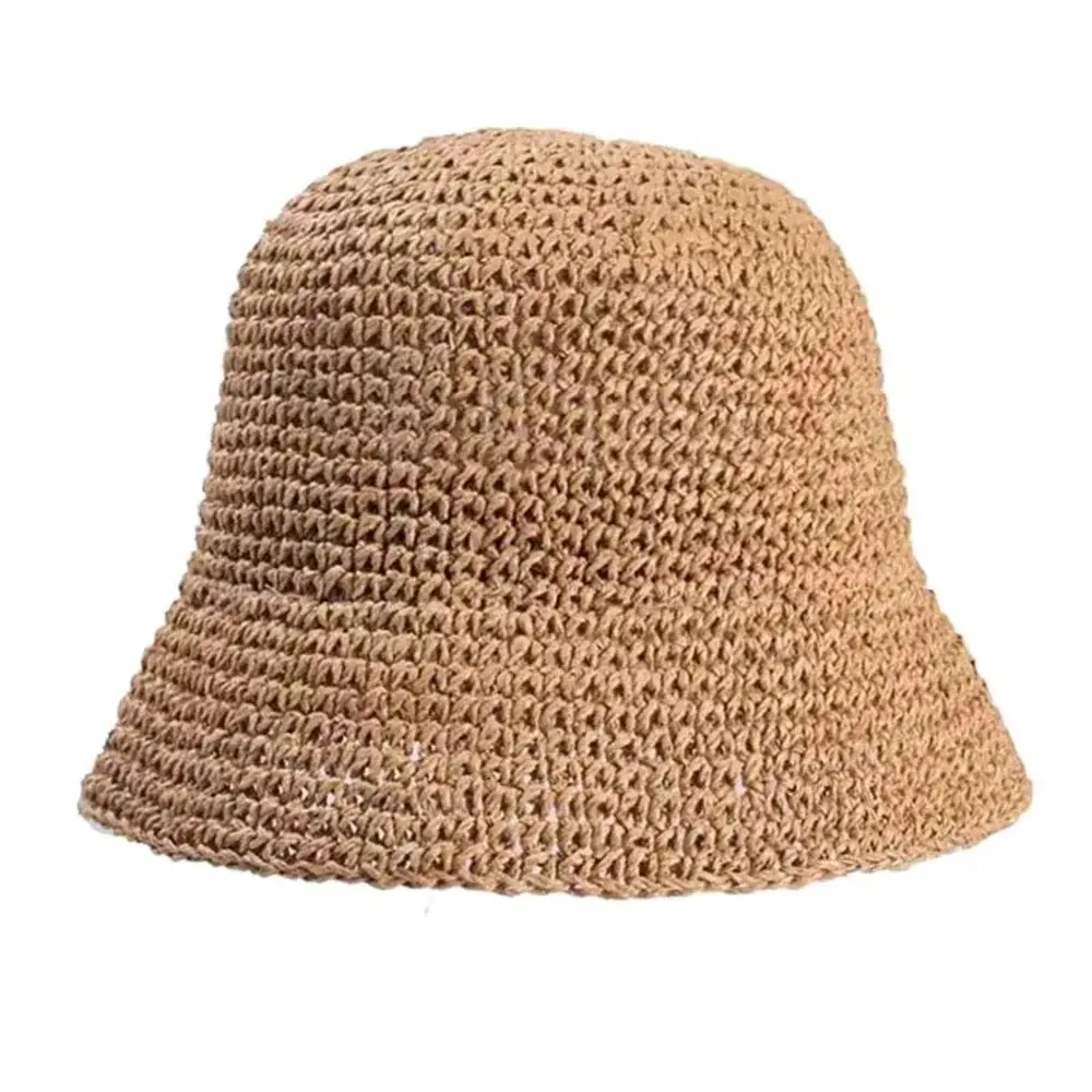 Soft brown crochet straw bucket hat