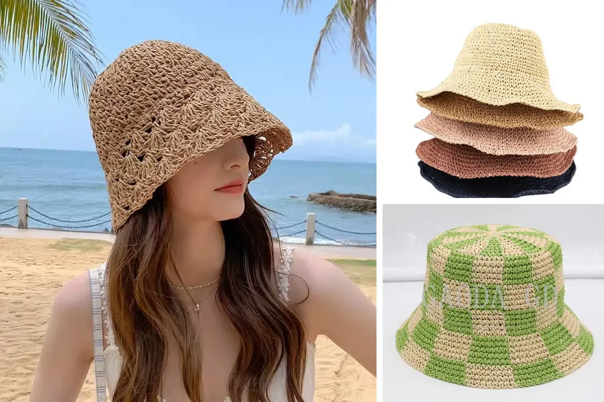 Straw bucket hat collage with a seaside wearer, nested neutral styles, and a green check crochet design