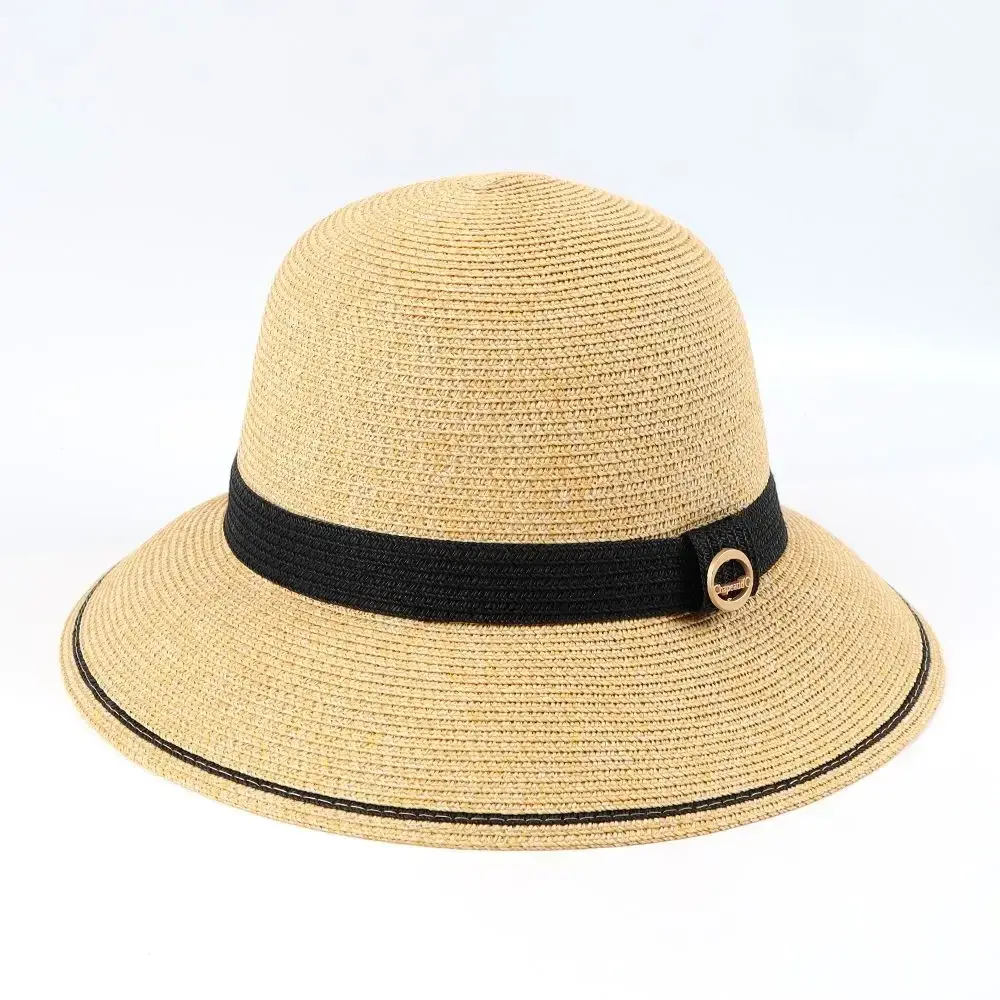Structured paper straw bucket hat with a black band and edge