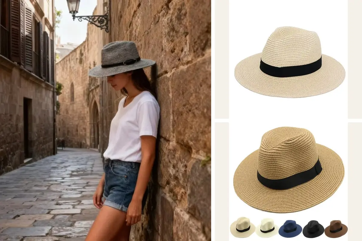 Straw fedora hat collage with an outdoor wearer, a white pinch-front style, and coordinated color options