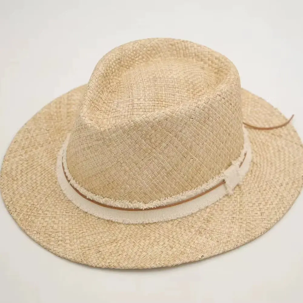 Natural wide-brim straw fedora with a light cord trim