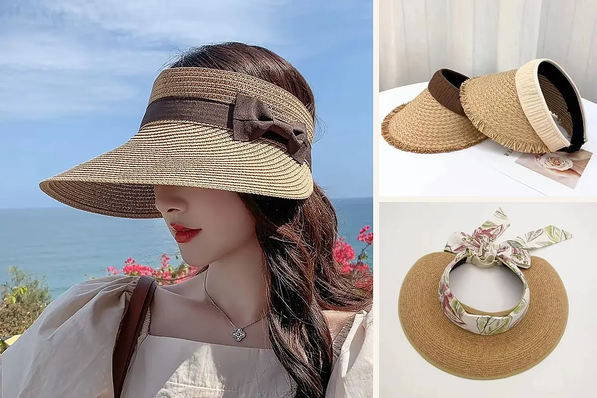 Straw visor collage with a seaside wearer, neutral roll-up styles, and a floral tie-back visor