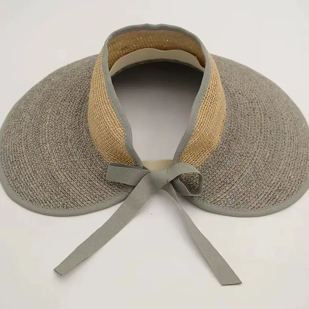 Gray and natural straw visor with a soft fabric tie-back