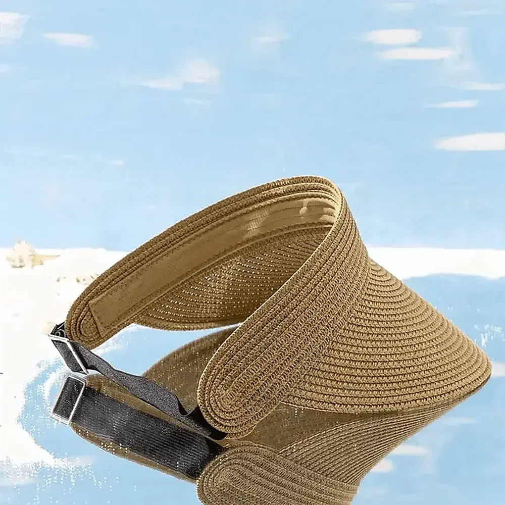 Natural wide-brim ponytail straw visor with an adjustable buckle