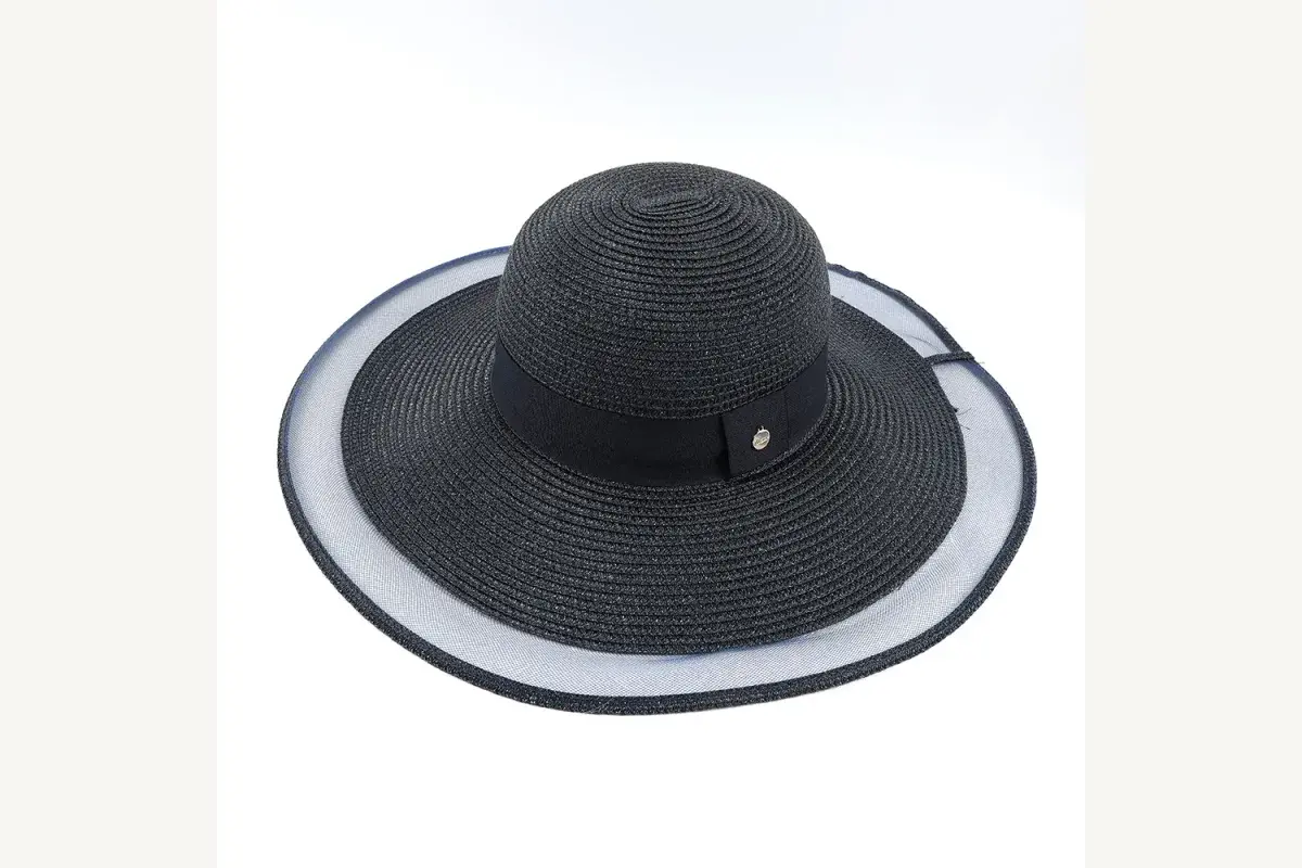 Black wide-brim straw hat with a sheer contrast under-brim