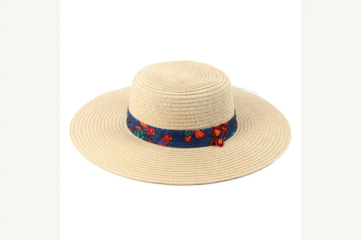 Natural wide-brim straw hat with a colorful decorative crown band