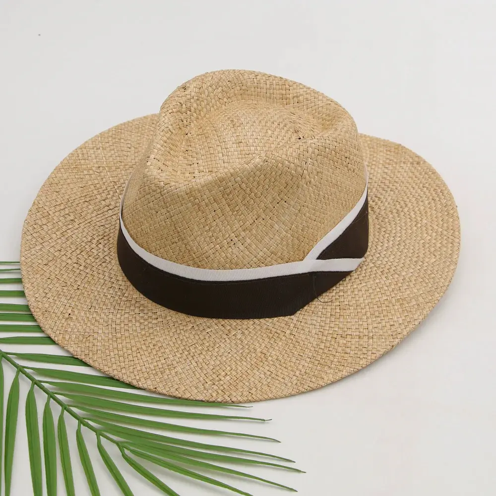 Firm natural wide-brim straw hat with a black band