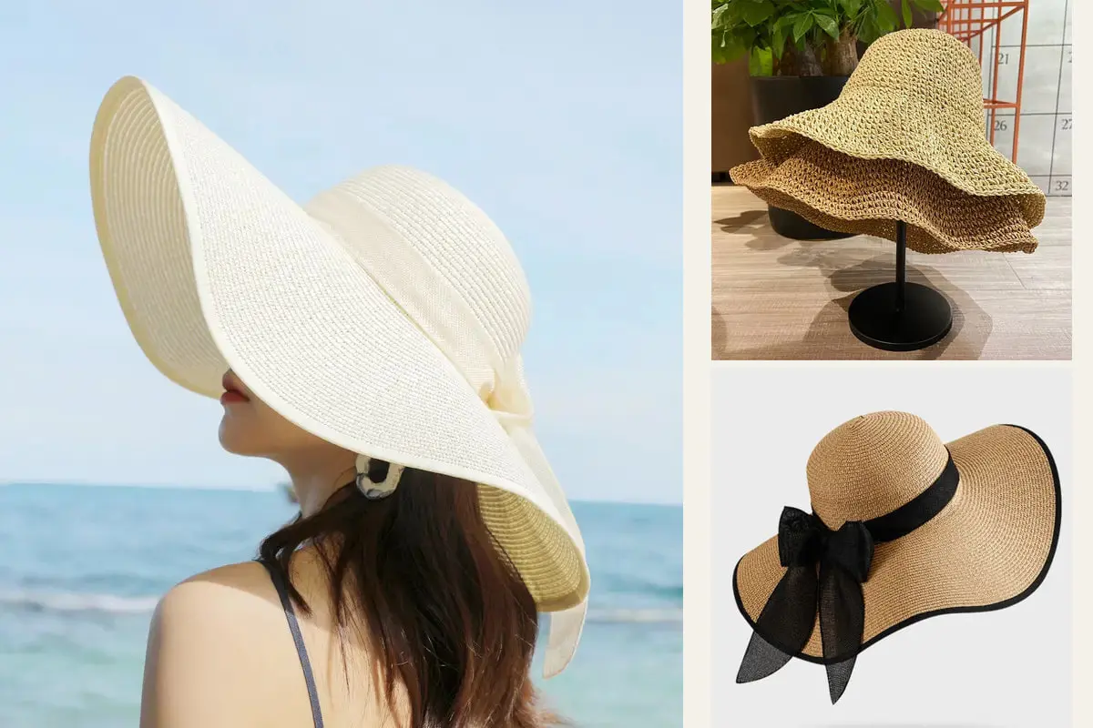 Wide-brim straw hat collage with one beach look and two natural product styles