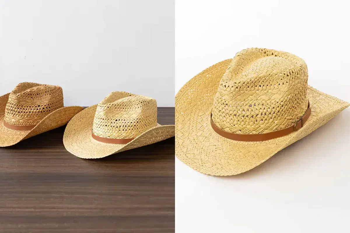 Two paper straw cowboy hat views showing a brown leather-look band