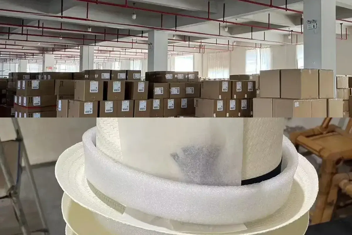 Warehouse cartons and finished hats with crown and brim shape supports
