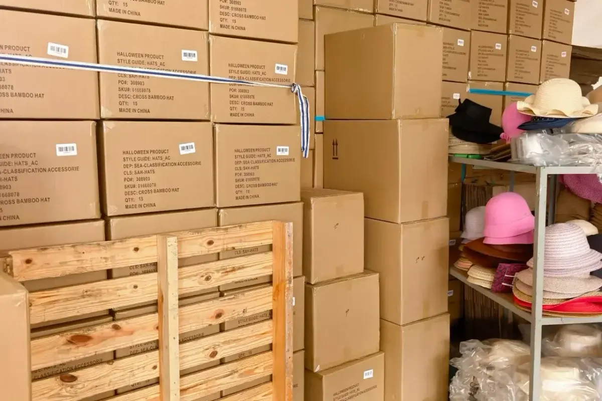 Factory cartons with product data, barcode stickers, and shipping marks